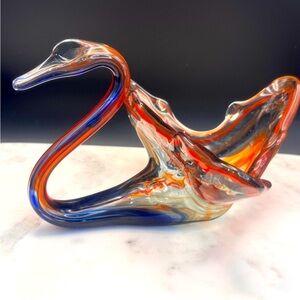 SILD Vintage Swirled Blue & Orange Broncos Swan Centerpiece Bowl Hand Blown Art